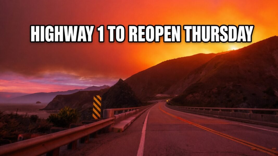 Highway 1 Northern Closure to Reopen Thursday Highway 1 northern section near Big Sur will reopen Thursday